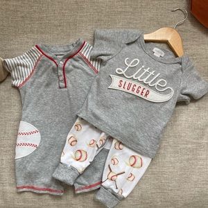 Mud Pie 9-12 mos baseball outfits “Little Slugger” 2 piece set and SS romper